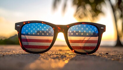 Black sunglasses with American flag lenses showing stars and stripes.