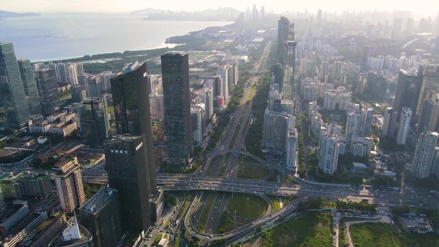 High-altitude Aerial Shot of Chegongmiao, Futian, Shenzhen at Sunset
