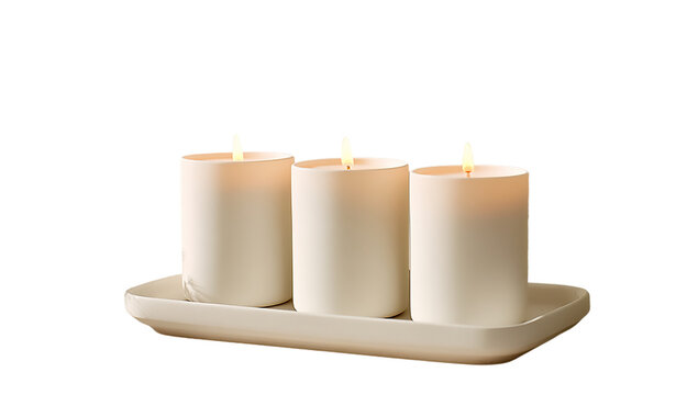 Three white candles with flames on a white tray against isolated on transparent background - Powered by Adobe
