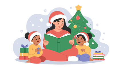Christmas Storytime: A mother with her children sharing moments by reading a story at Christmas day. 