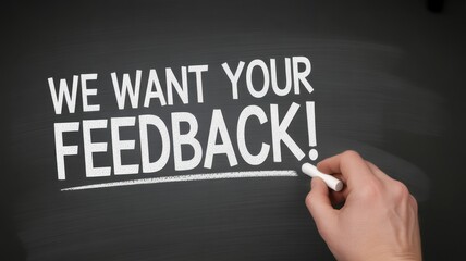 Feedback Request: An individual's hand, gripping a chalk, crafts the words WE WANT YOUR FEEDBACK! on a blackboard, inviting viewers to share thoughts and opinions.