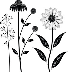 Black and white floral vector set with stylized botanical flowers and leaves in minimal line art design