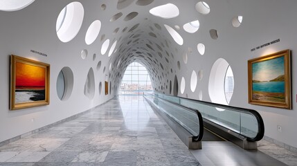 Modern art gallery interior featuring unique architectural design with circular cutouts, showcasing vibrant paintings on white walls, creating an inviting atmosphere for art enthusiasts and visitors
