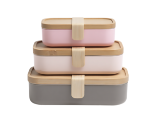 Stacked lunch boxes with wooden lids and straps in pastel colors isolated on transparent background