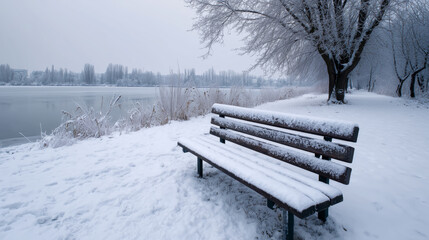 Empty wooden park bench covered in thick snow overlooking a frozen lake in winter