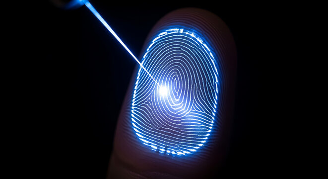 Digital fingerprint scan with blue light beam for security concept - Powered by Adobe