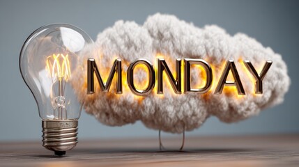 Light bulb illuminating the word Monday, surrounded by a fluffy cloud, creating a whimsical and motivational atmosphere for the start of the week, perfect for inspirational themes and creative project