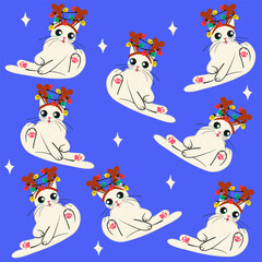 Cute Christmas seamless pattern cat with decorative reindeer horns headband. Hand drawn vector design.