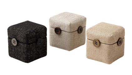 Three square boxes with fabric and buttons in different colors shown isolated on transparent background