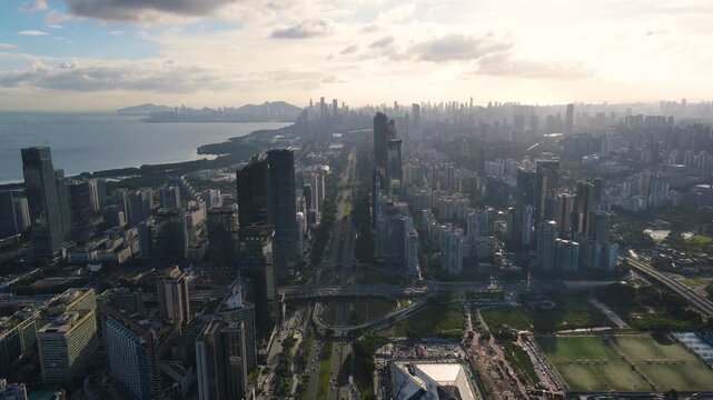 Aerial View of Chegongmiao, Futian, Shenzhen at Sunset
