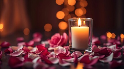 A romantic valentine scene bokeh with candle and scattered pink and white rose petals