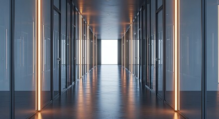 Symmetrical corridor view within a modern architecture with luminous linear accents