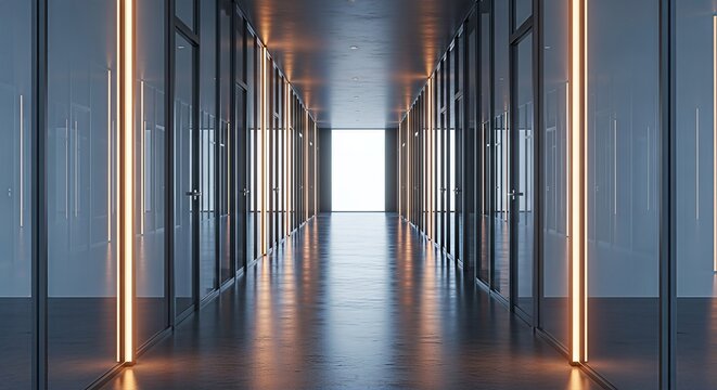 Symmetrical corridor view within a modern architecture with luminous linear accents
