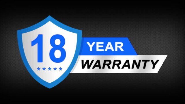 18 year warranty premium shield badge. Blue security guarantee emblem, product protection label, trust assurance icon on modern dark background.