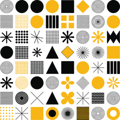 Abstract geometric pattern with circles squares triangles and star shapes in black and yellow colors