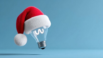 Light bulb wearing a festive red and white Santa hat, floating against a soft blue background, creating a cheerful holiday atmosphere with a playful twist on traditional decorations