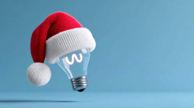 Light bulb wearing a festive red and white Santa hat, floating against a soft blue background, creating a cheerful holiday atmosphere with a playful twist on traditional decorations