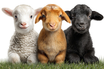 Fototapeta premium Three lambs of different colors sitting together on the green grass isolated on transparent background