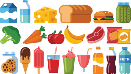 An assortment of various food items including fruits vegetables and processed foods in a flat design