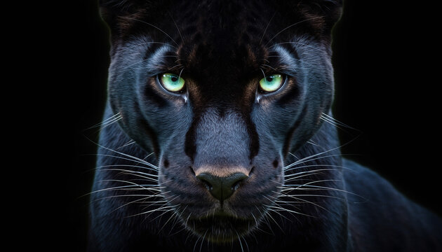 A dark, mystical depiction of a black panther&rsquo;s head, fur matte-black with minimal reflective highlights, eyes glowing with supernatural green fire, pupils elongated and gleaming, the edges of its fac