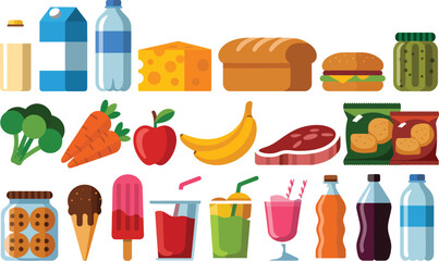 An assortment of food items including fruits vegetables meats and dairy products displayed on a white backdrop