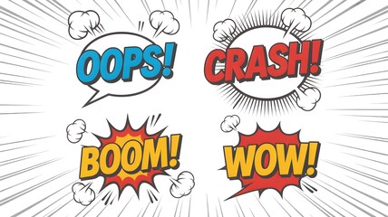 Four comic book style speech bubbles with sound effects and explosions