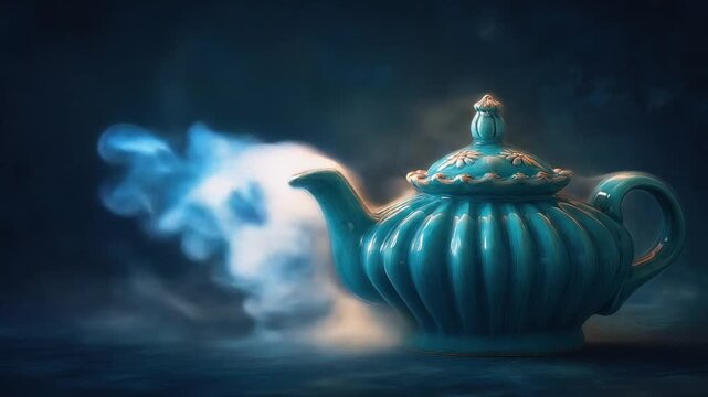 A teal ceramic teapot on a surface emitting steam in front of a dark blue, smoky backdrop