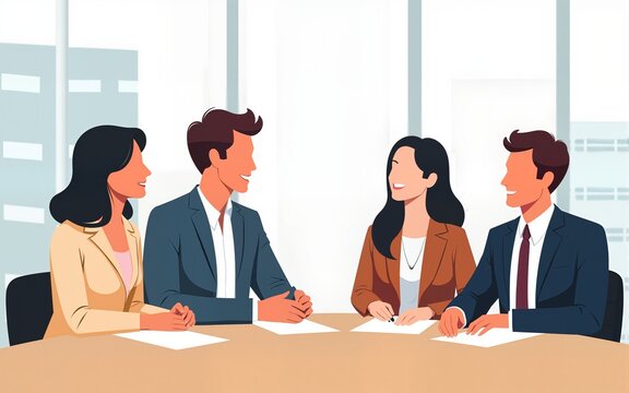 Corporate discussion illustration set. Colleagues meeting at table, discussing project at workplaces. Communication concept. Vector illustration for topics like business, partnership, teamwork