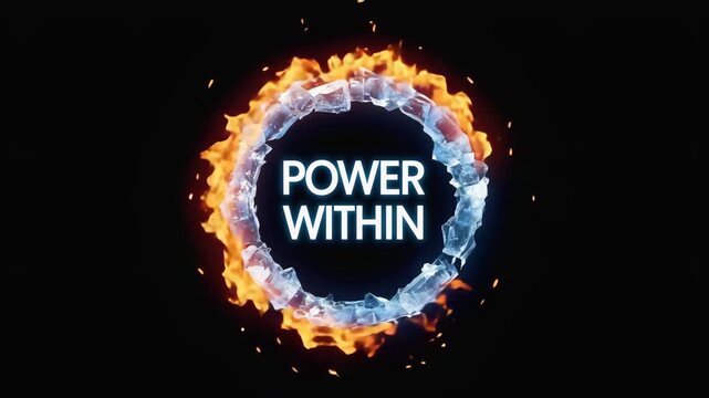 Power within text surrounded by fire and ice on black background  