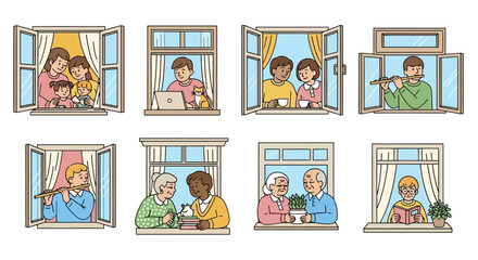 Illustration depicting various people in different windows, engaging in diverse activities.