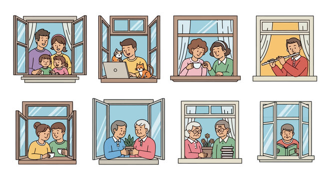 Eight different windows showing various people and families enjoying their time indoors, some with pets or hobbies.