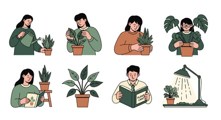 A set of illustrations showing people enjoying the hobby of indoor gardening and caring for houseplants.