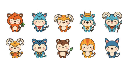 Cartoon zodiac characters collection various designs isolated on white background