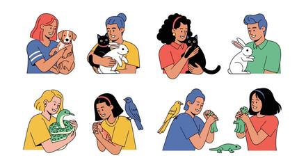 A collection of diverse people holding and interacting with various domestic animals and pets.