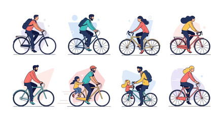 A collection of diverse people riding bicycles, including men, women, and children, depicted in a modern flat illustration style.