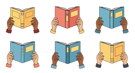 A collection of illustrations showing diverse hands with different skin tones holding and reading colorful open books.