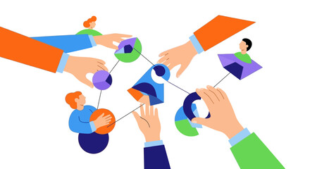 Multiple hands collaborating to connect abstract shapes and figures in a network, symbolizing teamwork and shared goals.