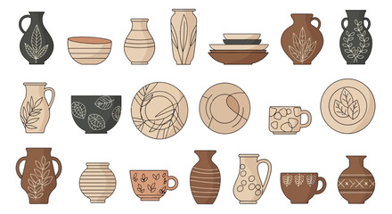 An array of 20 ceramic items including vases bowls plates and mugs in various neutral earth tones with decorative patterns