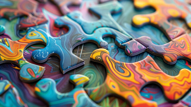 Close-up of interconnected jigsaw puzzle pieces featuring a vibrant, abstract, marbled pattern with bright colors and texture