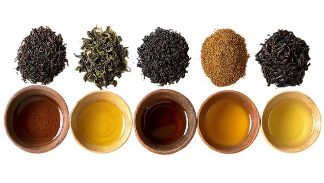 Assortment of different types of tea leaves and brewed tea in bowls isolated on transparent background