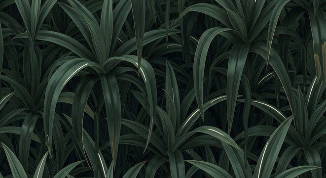 Dense arrangement of dark green elongated plant leaves with subtle white highlights and a deep shaded background