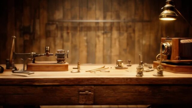 A dimly lit workshop table displays antique tools and a camera, illuminated by an angled lamp