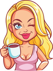Glamorous Chibi Woman Winking with Bright Lipstick Holding White Coffee Cup, Pink Top Vector Illustration for Beauty Blog