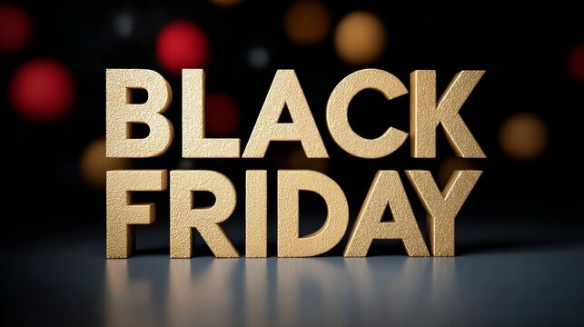 Golden textured letters spelling out Black Friday, illuminated against a dark background with colorful bokeh lights, creating a festive shopping atmosphere for holiday promotions and sales events