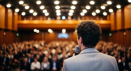 Speaker addressing a large audience in a conference hall during an event or seminar