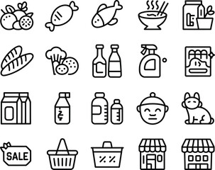 A collection of black and white line icons depicting various products and retail related symbols