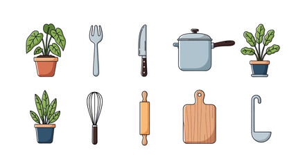 Cartoon kitchen utensils and plants set isolated on white background