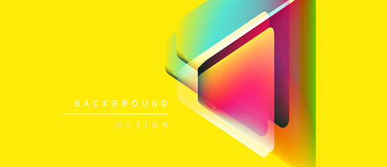 Bright yellow backdrop features layered triangle shapes. Gradient colors blend, creating modern visual effect. Text reads background design.