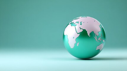 3D illustration of a globe with a pastel color scheme, showcasing continents in pink and green, set against a soft mint background, representing global connectivity and environmental awareness