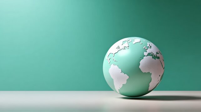 3D illustration of a globe with a mint green background, showcasing continents in white, symbolizing global connectivity and environmental awareness in a modern design aesthetic